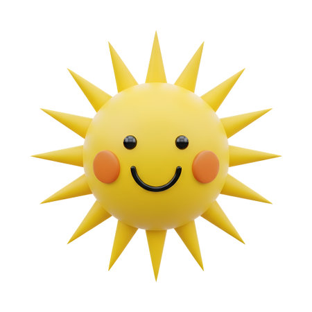 A bright, cheerful cartoon sun, radiating positivity and joy. Ideal for branding, children's content, or adding a touch of happiness to any project. Perfect for summer themes.の素材