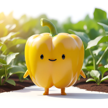 A charming cartoon pepper smiles in a lush garden, ready for your next project. Ideal for food blogs, kids' content, and healthy eating campaigns. Evokes joy and freshness!の素材