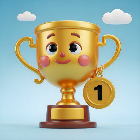 A cheerful trophy character proudly displays its number one medal. Perfect for representing achievements, wins, or top performer awards. Ideal for inspiring content.の素材