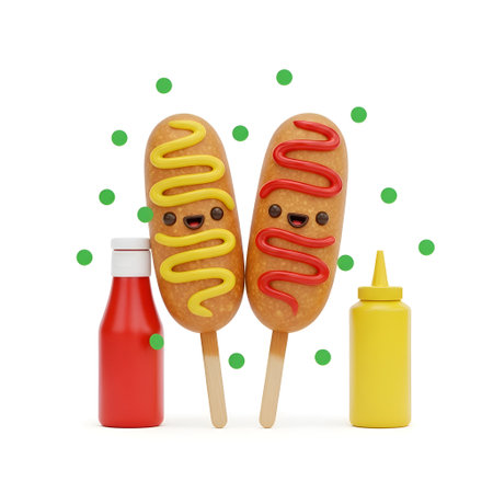Whimsical corn dogs with expressive faces and condiments evoke joy and fun. Perfect for playful food branding, advertising, and menus with a delicious appeal.の素材