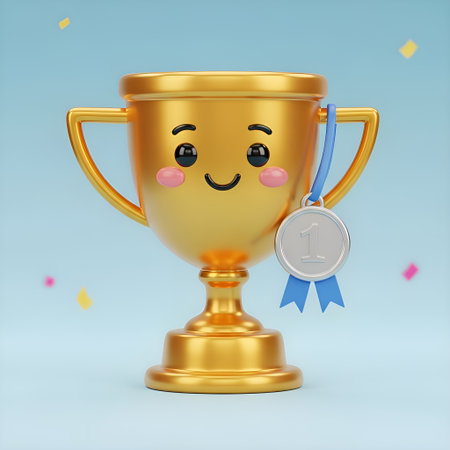 Celebrate triumph with this cheerful golden trophy, a symbol of ultimate success and recognition. Perfect for achievements!の素材