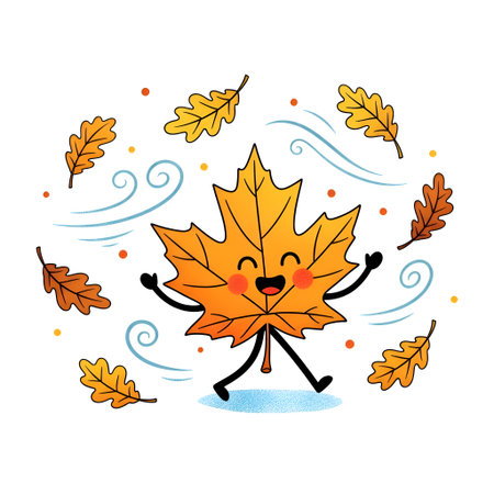 Experience the vibrant spirit of autumn with a cheerful leaf character dancing joyfully amid falling leaves and playful winds.の素材
