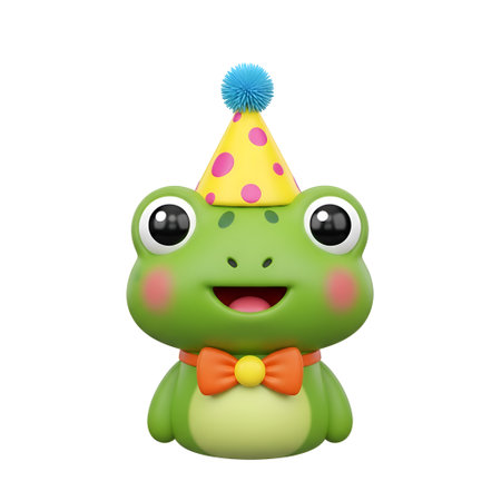 This adorable cartoon frog is ready to celebrate with a party hat and bow tie. Perfect for children's books, birthday invitations, and cheerful designs. Spread joy!の素材