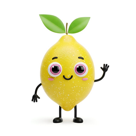 This cheerful cartoon lemon character smiles and waves, bringing a burst of vibrant, healthy fun to any project.の素材