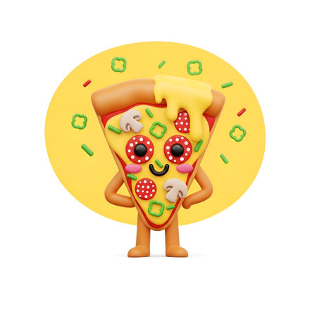 Delightful 3D cartoon pizza character radiates pure joy, perfect for vibrant food promotions and playful kids' projects.の素材