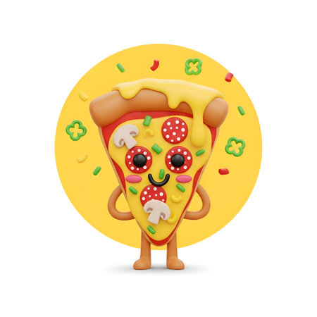 Adorable animated pizza slice character spreads joy with gooey cheese and fun toppings, perfect for playful designs.の素材