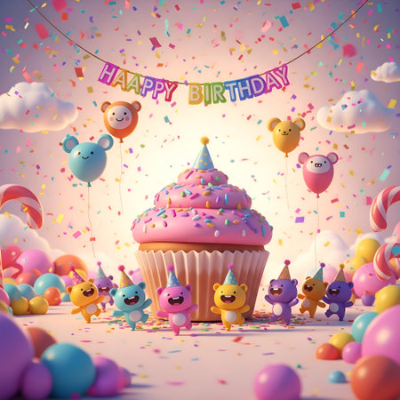 Vibrant birthday scene with happy bears, giant cupcake, balloons, and falling confetti. Perfect for party invitations!の素材