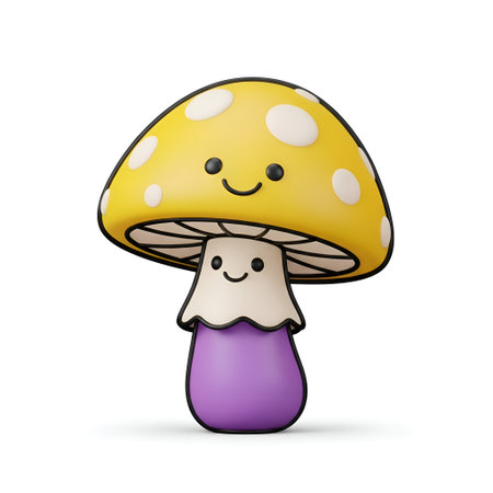 Bring pure joy and whimsical charm to your designs with this super cute, happy cartoon mushroom character.の素材