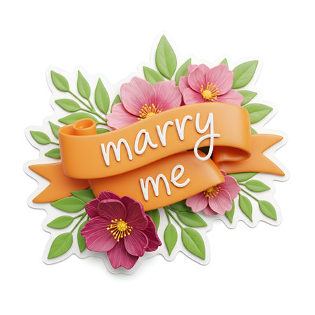 A vibrant "Marry Me" banner adorned with charming flowers and leaves evokes the magic of proposal and wedding dreams.の素材