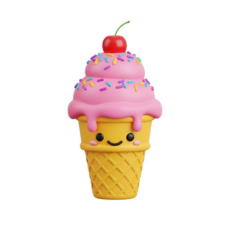 Adorably happy ice cream cone character with vibrant sprinkles and a cherry top, bringing instant joy to any fun design.の素材