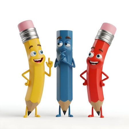 Engaging cartoon pencils brainstorm ideas with expressive faces, perfect for education, creativity, and fun concepts.の素材