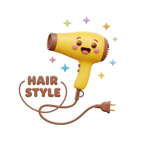 Delightful cartoon hair dryer with a cheerful face, perfect for eye-catching beauty salon ads, playful hairstyling promotions, and fun branding materials.の素材