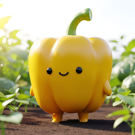 Cheerful yellow pepper character in a garden setting evokes healthy eating. Ideal for children's content, agriculture promotion, and fresh food advertising.の素材