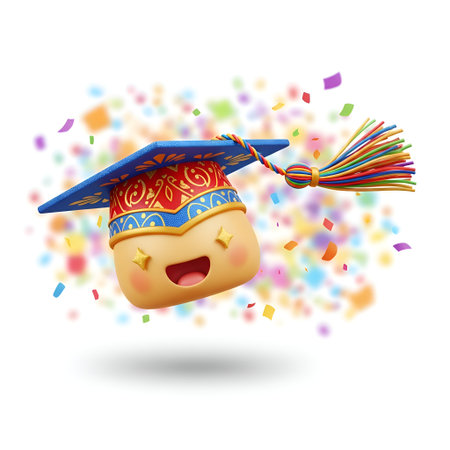 Celebrate academic milestones with this adorable, joyful mortarboard character amidst a burst of colorful confetti, perfect for graduation events and designs!の素材