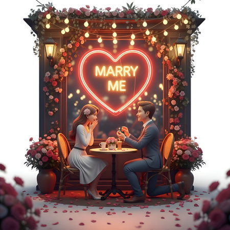 A heartfelt proposal unfolds amid romantic decor, promising forever with a stunning diamond ring. Perfect for love stories.の素材