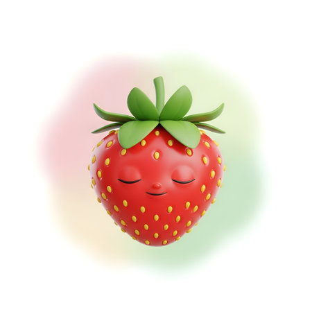 Whimsical 3D strawberry character radiates peaceful charm on a soft pastel background, perfect for playful designs.の素材