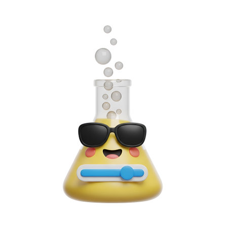 Unique cartoon beaker with sunglasses and slider for science and education projects. A creative, trendy design that adds a fun touch to laboratory visuals.の素材