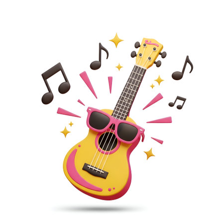 Unleash pure joy with this vibrant ukulele radiating fun and summer vibes. Perfect for music events, parties, or any project needing a cheerful, energetic boost.の素材