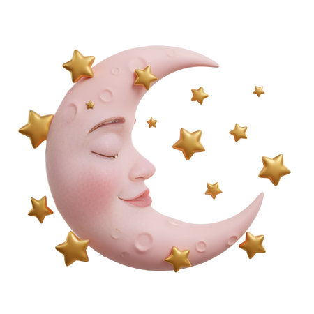 Whimsical crescent moon with serene face drifts among twinkling golden stars. Perfect for invoking sweet dreams, bedtime stories, and magical childhood wonder.の素材