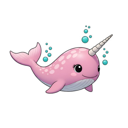 An adorable pink narwhal swimming happily surrounded by bubbles. Perfect for children's books, apparel, and charming character designs.の素材