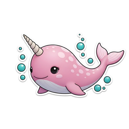 A charming pink narwhal swimming playfully. Perfect for children's books, nursery decor, or adding a touch of whimsy to any creative project.の素材