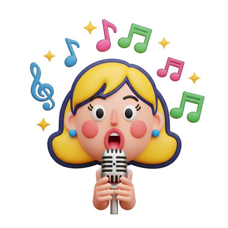 A fun and energetic 3D cartoon of a singer with music notes, ideal for karaoke promotions, music lessons, or entertainment events. Capture the joy of singing!の素材