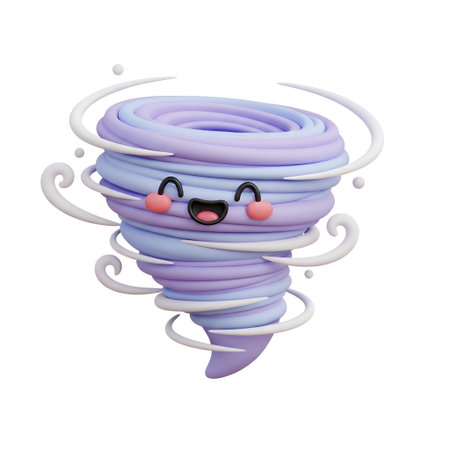 Charming 3D cartoon tornado character beams with a joyful expression, surrounded by playful swirling wind accents, ideal for engaging educational content or whimsical designs.の素材
