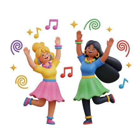 Feel the energy of a joyful celebration! These dancing women, surrounded by music notes, embody pure happiness. Ideal for party invitations, social media, or any project needing a vibrant, fun vibe.の素材