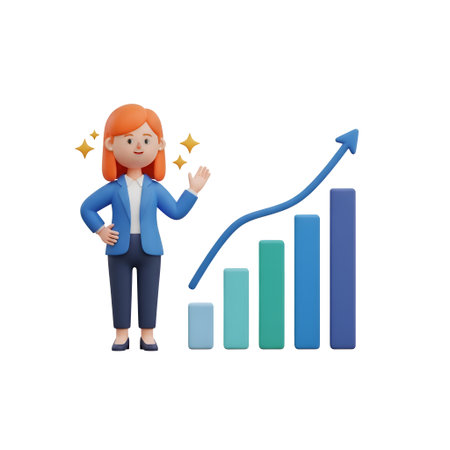 Visualize success with this dynamic illustration. A confident businesswoman celebrates financial growth represented by a rising graph, perfect for business presentations, reports, and marketing materials. Illustrate positive results!の素材