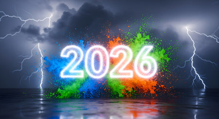 Unleash the electrifying potential of 2026 with this stunning visual bursting with color, lightning, and dynamic energy, perfect for inspiring bold futures.の素材