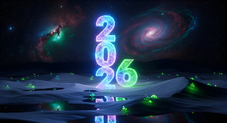 Ring in the future with dazzling 2026 neon numbers rising from an otherworldly desert under a breathtaking cosmic vista, perfect for new beginnings and visionary projects.の素材