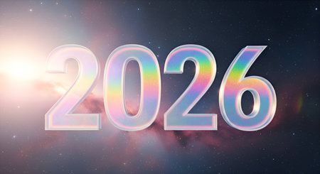 Celebrate the future with this vibrant 2026 holographic design set against a stunning cosmic backdrop. Perfect for new year's celebrations and forward-thinking concepts.の素材