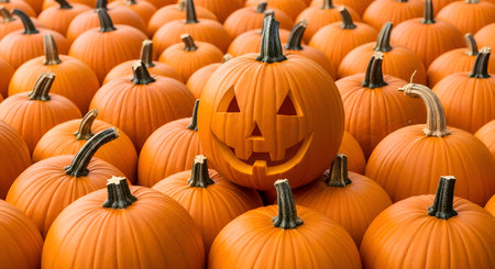 Bright, cheerful jack-o'-lantern face smiles amidst a bountiful harvest of fresh, vibrant pumpkins, perfect for creating unforgettable autumn celebrations and festive decorations.の素材