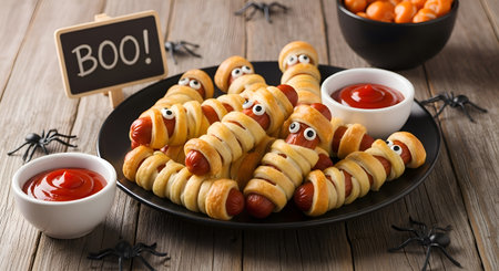 Delight guests with adorable mummy hot dogs, featuring playful candy eyes and served with a side of ketchup for dipping, perfect for any Halloween celebration.の素材