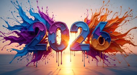 Exploding with vibrant color, the 2026 numerals burst forth in a dynamic paint splash, symbolizing exciting future possibilities and fresh beginnings.の素材