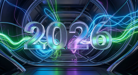 Futuristic 2026 design with vibrant neon lights, perfect for celebrating the future and promoting innovative technology, events, or festive new year campaigns.の素材
