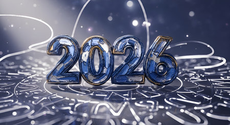 Celebrate the arrival of 2026 with this sophisticated metallic design. Perfect for New Year's Eve, event promotions, or forward-looking campaigns.の素材