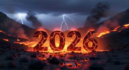 Experience the intense power of 2026 erupting from a molten landscape, a dramatic vision of change under a stormy, lightning-filled sky. A powerful symbol of transformation.の素材