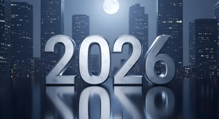 Embrace the future with striking 2026 metallic numerals set against a dynamic nighttime cityscape, perfect for showcasing innovation and forward momentum.の素材