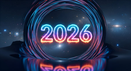 Embrace the future with stunning 2026 neon numbers shining brightly within a cosmic portal, perfect for inspiring innovation and new beginnings.の素材