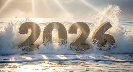 Bold 2026 numbers emerge from crashing ocean waves at sunrise, a powerful symbol of new beginnings, transformation, and unstoppable momentum for the year ahead.の素材
