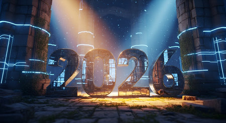 Experience the dawn of a new era with striking 2026 numbers emerging from ancient, futuristic ruins. Brilliant blue and gold light illuminates this scene of innovation and discovery.の素材