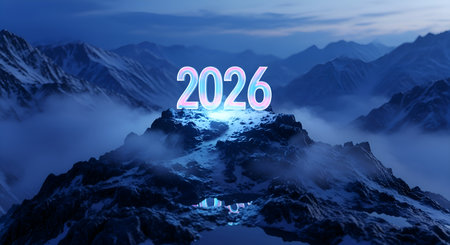 Embrace the future with this stunning '2026' numeral, glowing brightly atop a misty, snow-covered mountain. Perfect for New Year themes, goal setting, and inspirational campaigns.の素材
