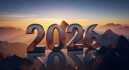 Embrace the future with this inspiring visual of metallic 2026 numbers ascending over breathtaking misty mountains at dawn, perfect for conveying progress and new beginnings.の素材