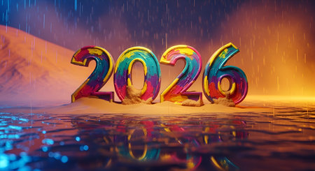 Bold 2026 numbers burst with vibrant color emerging from sand, set against a dramatic backdrop of rain and glowing light, symbolizing future possibilities.の素材
