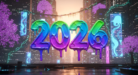 Bold 2026 numbers burst with vibrant, dripping paint, set against a dazzling futuristic city. Imagine this for New Year's, tech events, or creative projects.の素材