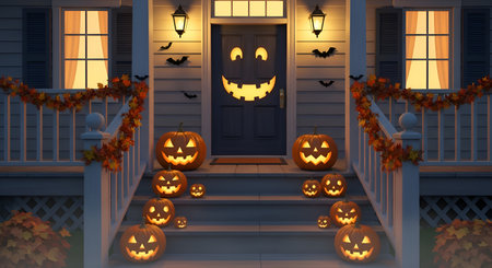 Transform your home into a Halloween wonderland with a beautifully decorated porch, featuring glowing pumpkins, festive leaf garlands, and playful bats, creating an invitingly spooky atmosphere.の素材