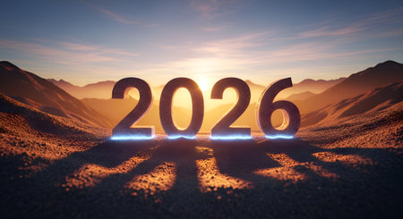 Welcome the dawn of 2026 with this breathtaking vista, where golden sunrise illuminates majestic mountains, symbolizing hope, ambition, and a bright future ahead.の素材