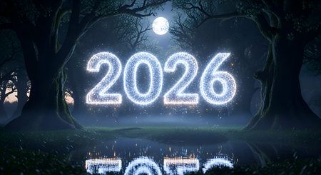 Experience the magic of the new year with this breathtaking scene. Glowing 2026 numbers shimmer in a mystical forest under moonlight, perfect for conveying hope and anticipation.の素材