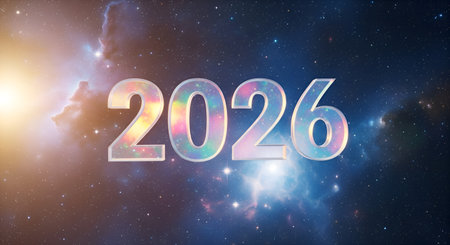 Celebrate upcoming milestones with this stunning cosmic visual. The year 2026 shines brightly amidst a vibrant nebula, perfect for inspiring new ventures and future planning.の素材